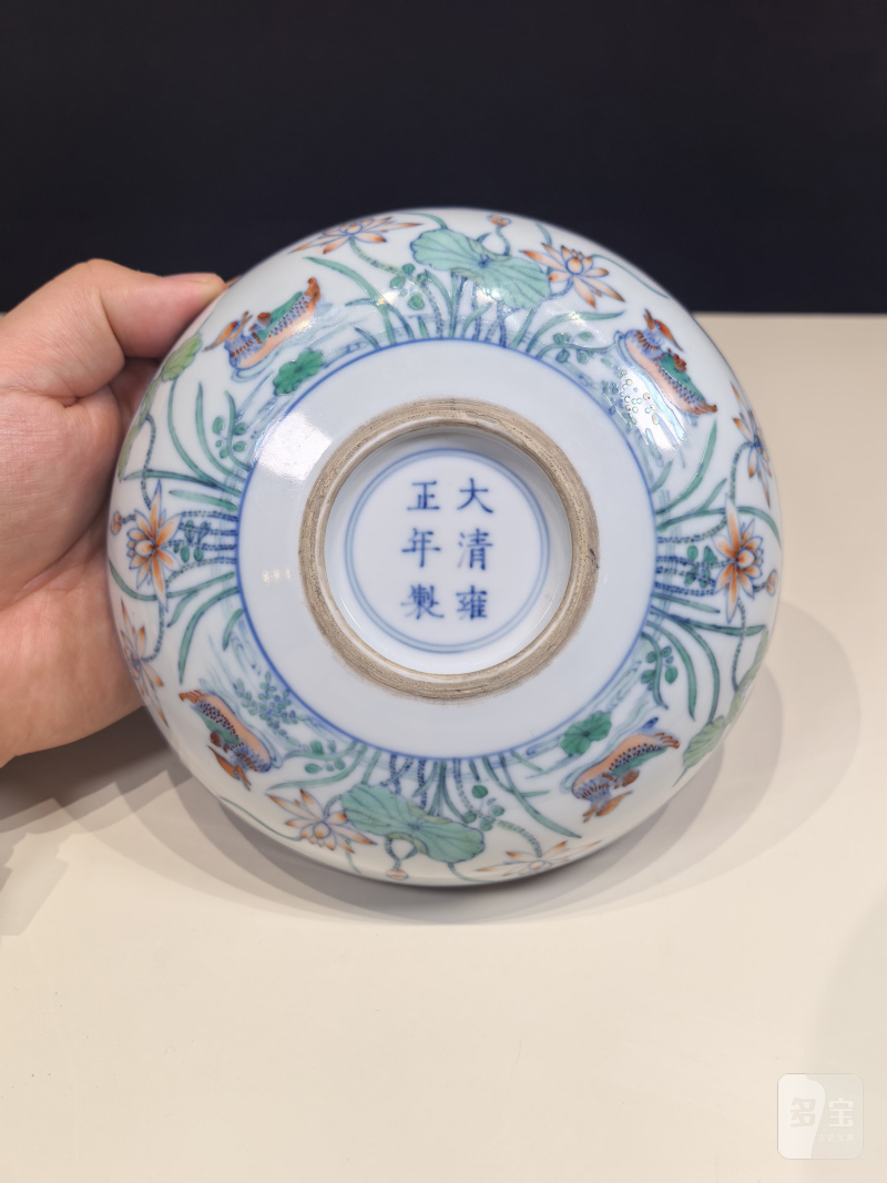 清雍正 斗彩鸳鸯荷塘图卧足盘一对 - 图24